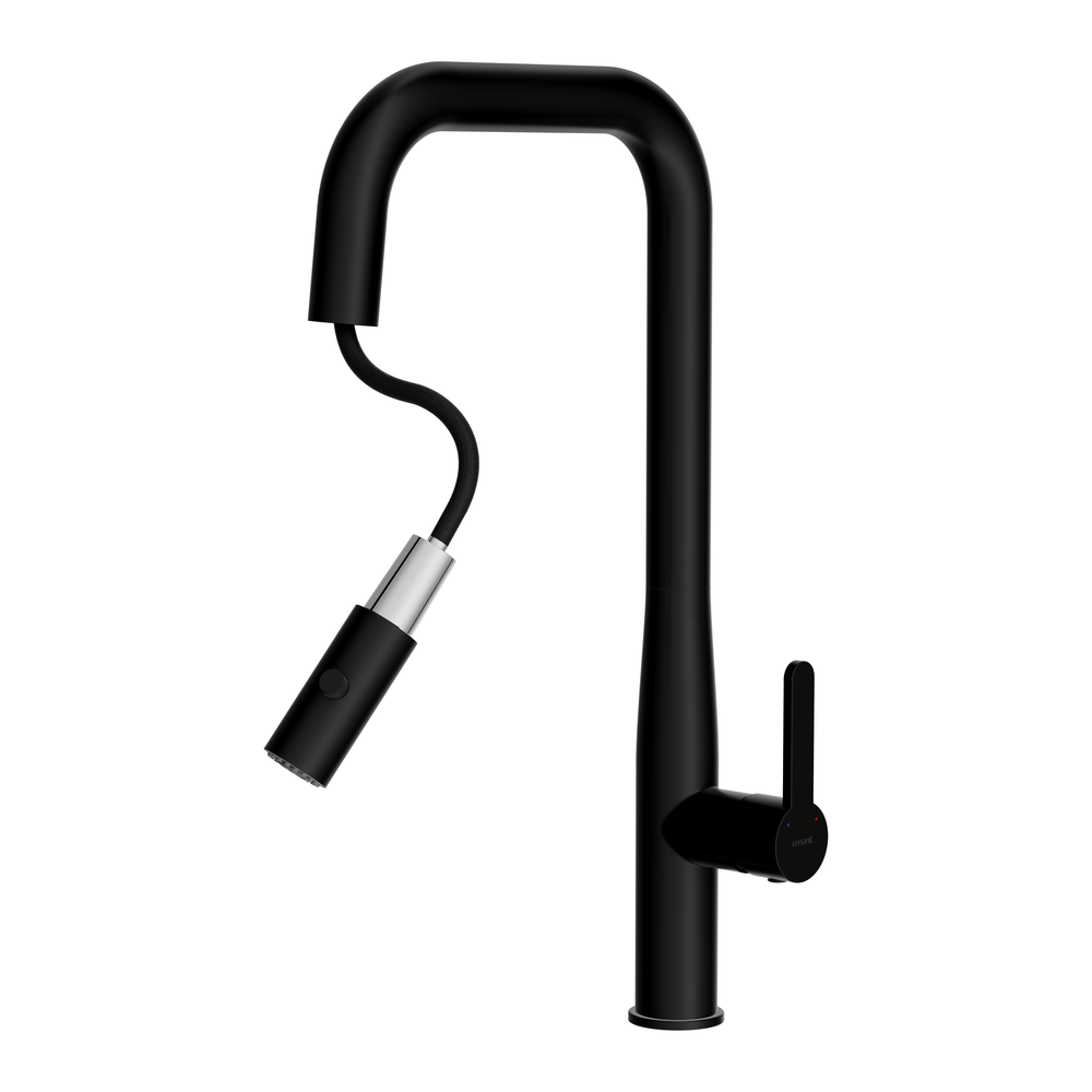 Смеситель для кухни OLIVA с п-образным выдвижным изливом шланг черный